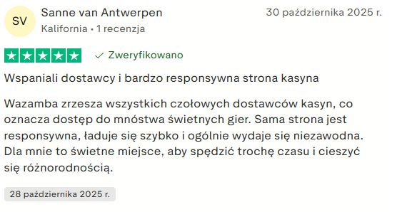 Opinia o Wazamba Casino z Trustpilot - wysoka ocena